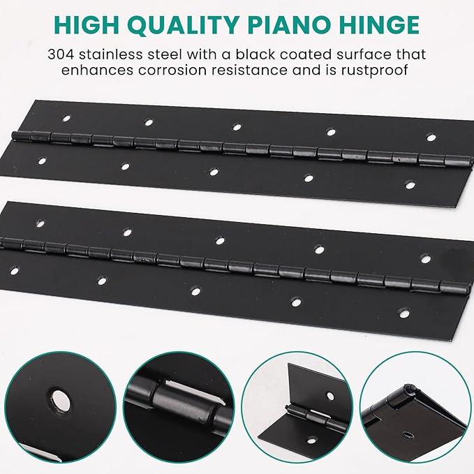 2Pcs 12inch Black Heavy Duty Continuous&Piano Hinges,1.2" Open Width Stainless Steel Piano Hinge with Holes and Screws,Working for Wood Box,Wood Furniture,Piano Cabinets.
