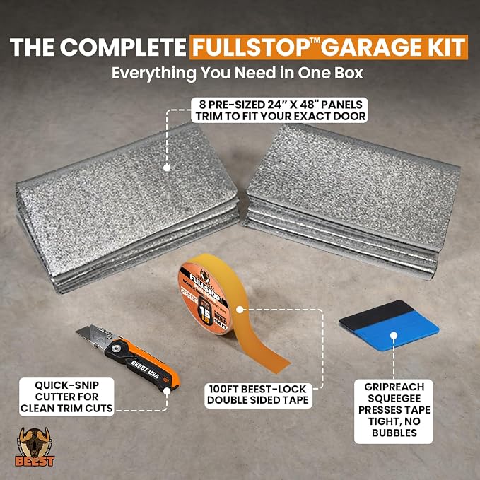 BEEST FULLSTOP Garage Door Insulation Kit - 8x8 & 8x7 ft Single Garage Door Insulation Panels - 8 Pre-Cut 24x48 Foam-Core Panels w/ Tape, Cutter & Squeegee - Improve Garage Comfort Year-Round
