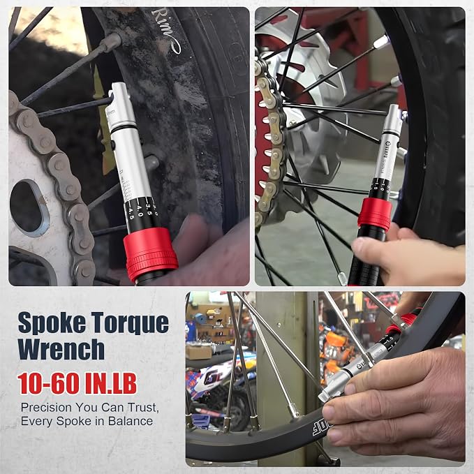 VANPO Spoke Torque Wrench, 10–60 in-lb, for Motorcycle Wheel Maintenance | 1/4" Drive Small Torque Wrench Kit with 9 Spoke Wrench Heads (5.1-6.9mm) & Spline, Spoke Wrench for Mountain, Road Bike