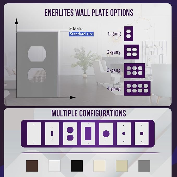 ENERLITES Screwless Duplex Wall Plate, Child Safe Receptacle Outlet Cover, Standard Size, 1-Gang 4.68" x 2.93", Unbreakable Polycarbonate Thermoplastic, UL Listed, SI8821-GY-5PCS, Gray, 5 Pack