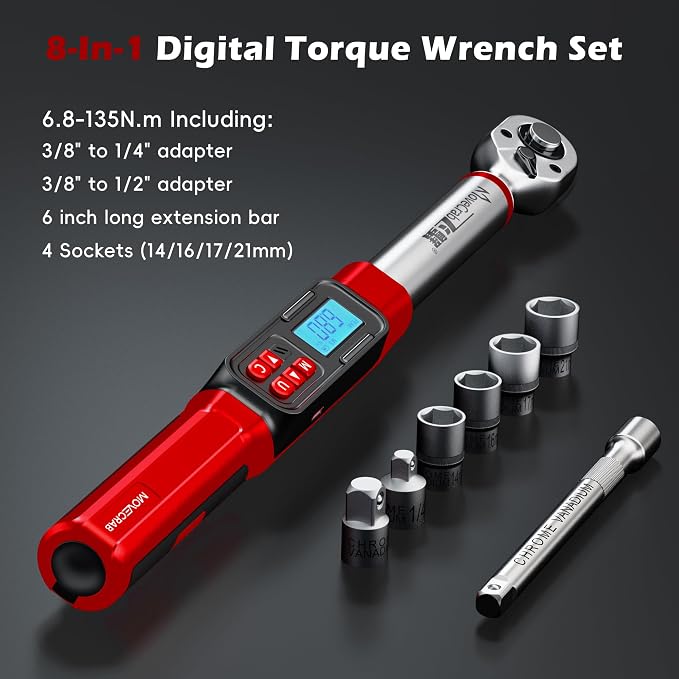 3/8" Digital Torque Wrench Set, 5-99.6 Ft.lb, ±2% Accuracy, 8pcs | Electronic Torque Wrench with LED & Buzzer Alerts, 4 Sockets, Extension Bar & Adapters for Automotive, Motorcycle, Bicycle