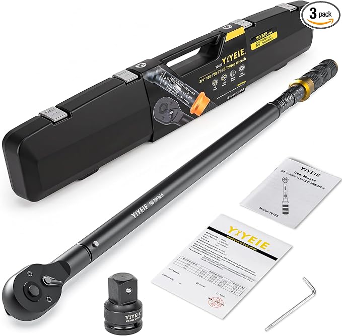 3/4″ Drive Click Torque Wrench Set 3PCS, 100-700 FT-LB/136-949 Nm | ±3% Accuracy, 48-Tooth Ratchet, Dual-Direction Loud Click Torque Wrench for Heavy Trucks, RV, Tractor, Trailer,Diesel Engine