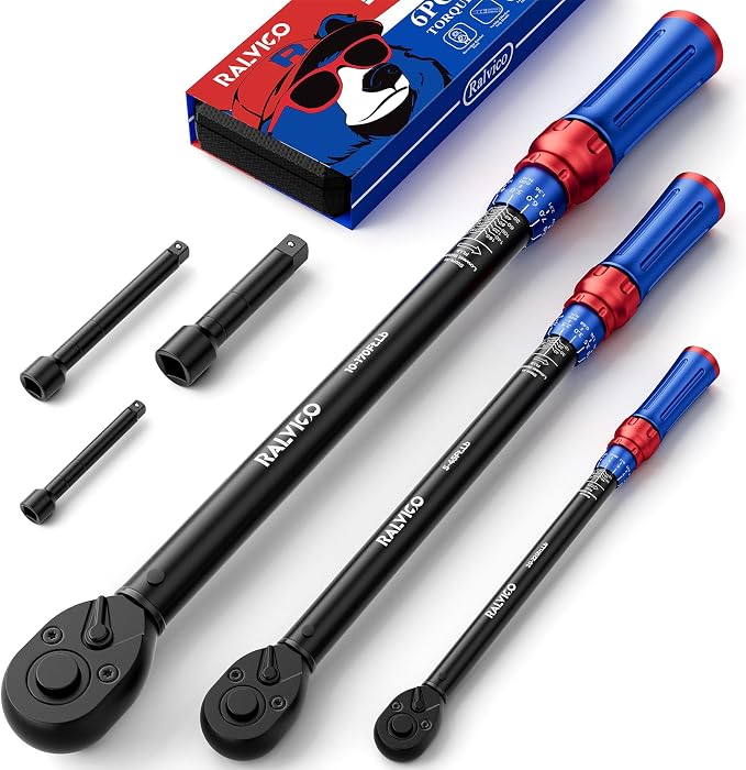 Torque Wrench Set 1/4 3/8 1/2 Inch Drive For Auto Moto Bike Repair | 10–170 ft.lb & 5–45 ft.lb & 20–220 in.lb，3% Accuracy，Quick-Release Head，With Extension Bars，Fits the Natural Curve of Hand