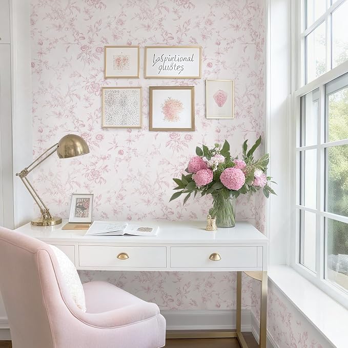 Ismoon Floral Peel and Stick Wallpaper Vintage Pink Wall Paper French Textured Contact Paper Removable Self Adhesive Wallpaper for Bedroom Vinyl Roll Renter Friendly 17.3in×9.84 ft