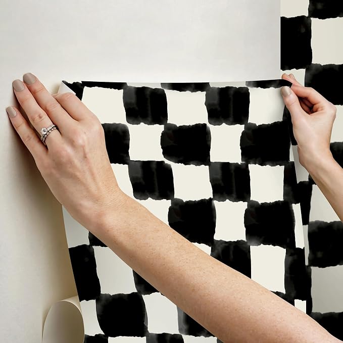 Mr. Kate RoomMates Tess Watercolor Soft Black Checker Peel and Stick Wallpaper, Vinyl, 20.5-in x 18-ft