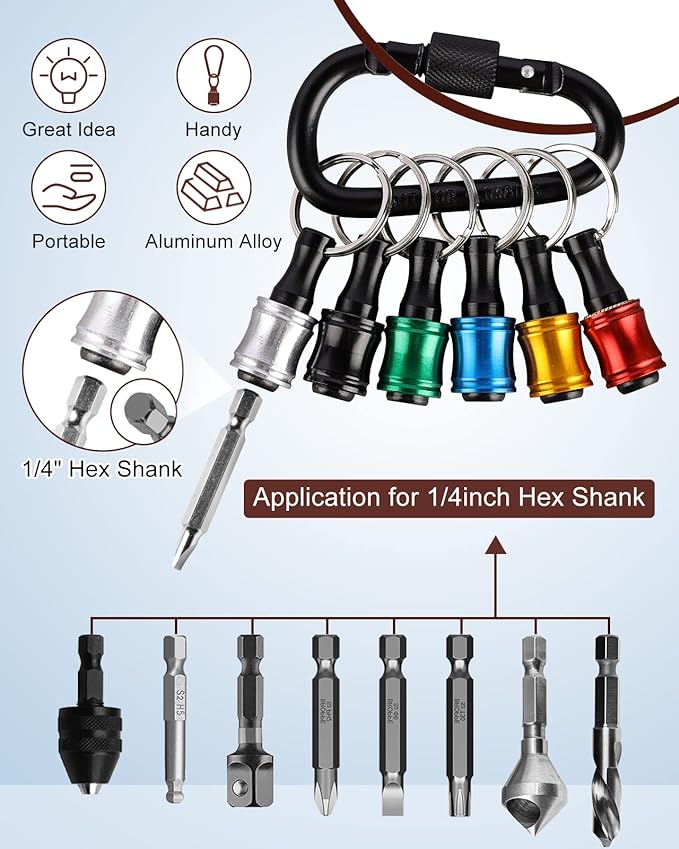 Katerk 6pcs 1/4 inch Hex Shank Aluminum Alloy Screwdriver Bits Holder 2 Sets, Light-weight Quick-change Extension Bar Keychain Drill Screw Adapter Change Portable (With Black Carabiner)