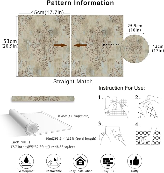HAOKHOME Vintage French Damask Peel and Stick Wallpaper Deep Yellow/Mist Blue/Brown Vinyl Self Adhesive Wall Paper Design for Walls Bathroom Bedroom Home Decor 17.7in x 32.8ft
