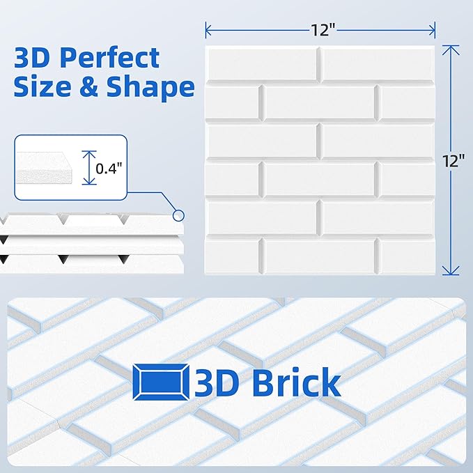 12 Pack Acoustic Panels with Self Adhesive Sound Proof Foam Panels for Wall | 12" X 12" X 0.4" High Density Soundproof Wall Panels, Brick Sound Absorbing Panels for Home Studio Office Decor - White