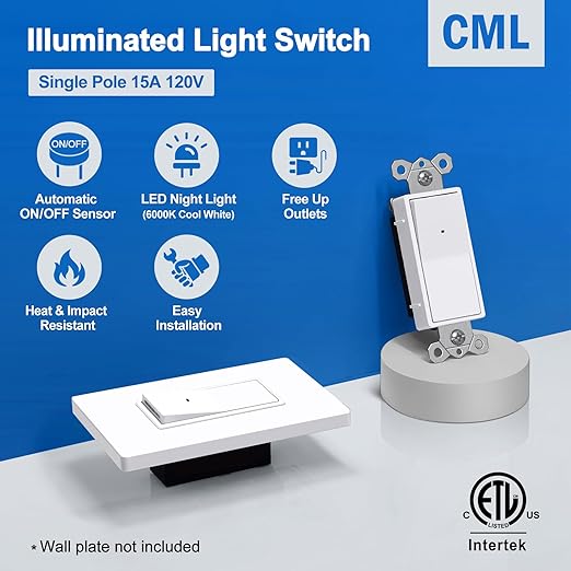 CML Illuminated Light Switch, 5 Pack Decorator Rocker Paddle Interrupter with Cool White LED Night Light, Single Pole Wall Lighted Switch with Automatic On/Off Sensor, 15A 120V, ETL Listed, White