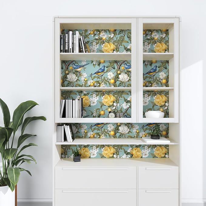 Danodoi Green Vintage Lemon Bird Peel and Stick Wallpaper 17.5" x 393" | Waterproof Vinyl Self Adhesive Removable Renter Friendly Floral Contact Paper