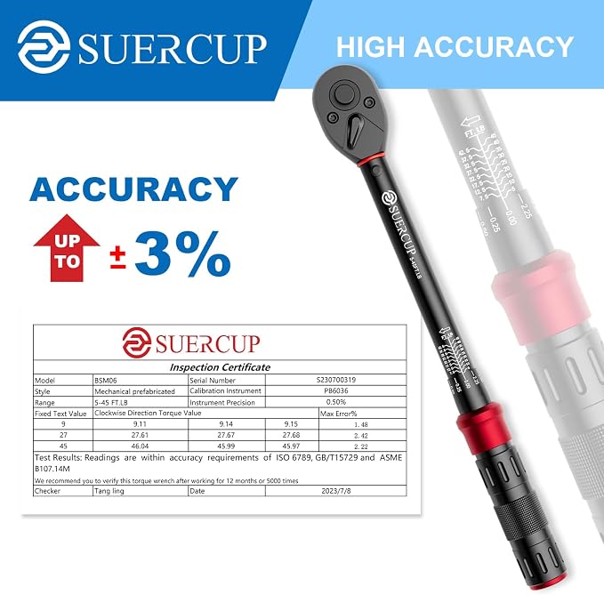 3/8" Click Torque Wrench, 5-45 Ft.Lb, for Bike, Moto, Spark Plugs | 6.8-61Nm, ±3% Accuracy, Dual-Direction Adjustable 72 Tooth, Click Type Torque Wrench, for Oil Drain, Engine Repair & ATV/MTB