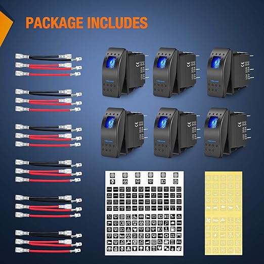 Nilight 6PCS 5PIN SPST Rocker Switches with 6 Sets Jumper Wires Set 20A/12V 10A/24V On/Off Toggle Switches with Night Glow Sticker for Trucks Boats Auto Motorcycles,2 Years Warranty (90131F) , Blue