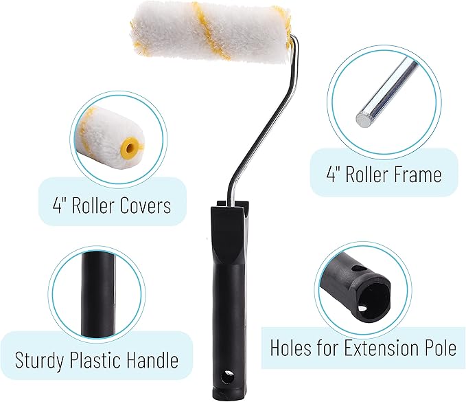 Bates- Paint Tray Set, 4 inch Paint Roller, Paint Tray, Foam Roller, Roller Brush, Small/Mini 4", House Painting Supplies, Paint Roller Covers, Roller Frame, Roller Naps