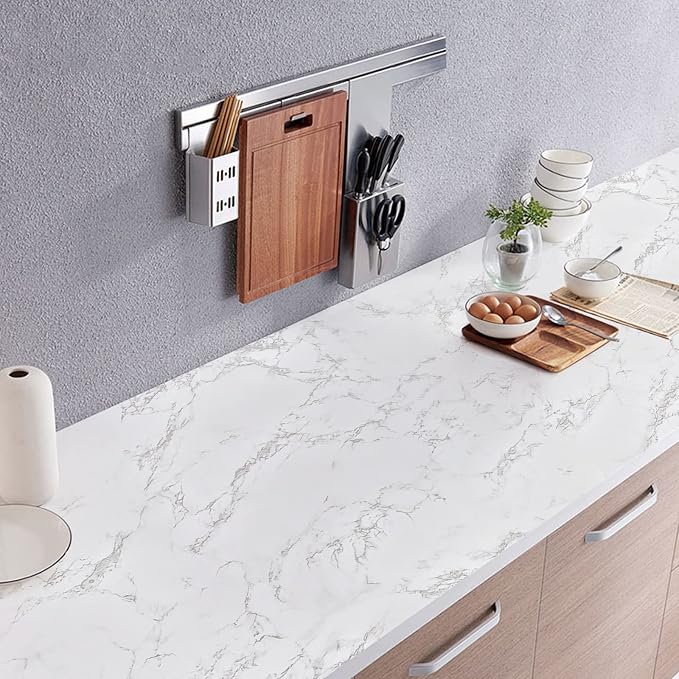 practicalWs Marble Paper Granite Gray/White Roll Kitchen Countertop Cabinet Furniture is Renovated Thick PVC Easy to Remove 17.71" x 393.7"