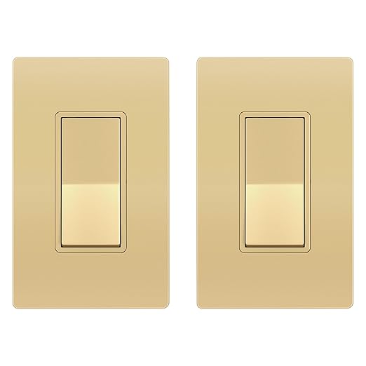 ENERLITES Elite Series Decorator Switch with Screwless Wall Plate, Paddle Light Switch, Single Pole, 3 Wire, Grounding Screw, Residential Grade, 15A 120V, UL Listed, 91150-GDWP2P, Gold Color (2 Pack)