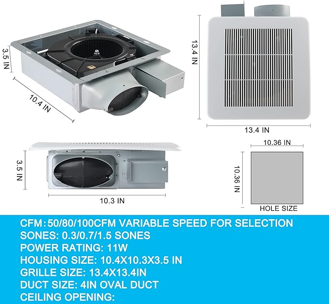 Tech Drive Bathroom fan 50-80-100 CFM DC Energy-Saving Motor,Very Quiet Ventilation and Exhaust Fan, Ceiling or Wall Mounted Fan, CFM Adjustable,White