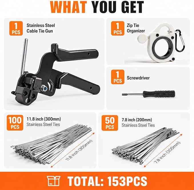 153PCS Stainless Steel Cable Tie Gun Kit with Heavy Duty Metal Zip Ties (100PCS 11.8"+ 50PCS 7.8") with Zip Tie Organizer & Release Tool for Chain Link Fence, Exhaust Pipe, Outdoor & Industrial
