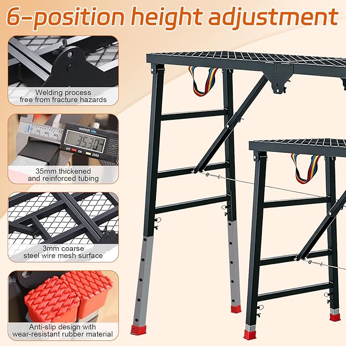 Foldable Scaffolding Platform, Height Adjustment 70.9x15.7x35.4-57 in Portable Welded Steel Work Platform, 770 lbs Capacity, Industrial Step Ladders Ideal for Home Improvement, Wiring and Painting