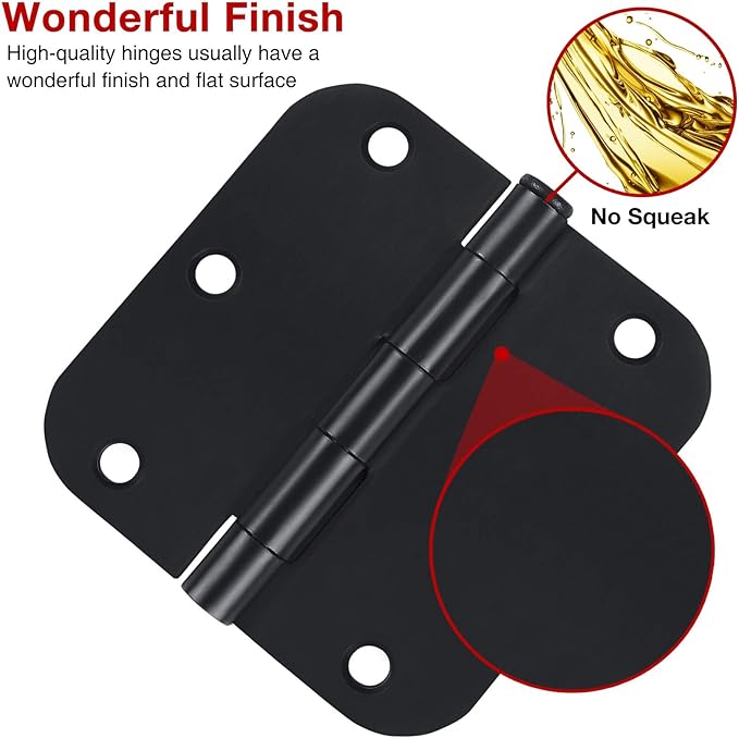 30 Pack Rounded Matte Black Door Hinges 3.5 Inch 5/8" Radius Interior 3 1/2 Inch Flat Iron Bifold Standard Hinge No Squeak Bedroom Indoor for Closet Doors 3 ½" Heavy Duty Hardware Doorway Study Room