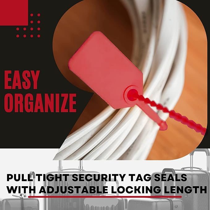 JAVIKA 250pcs Plastic Tamper Seal Tags, Red (9.17in) PA66, Cable Management, Fire Extinguisher Tags, Luggage Tag, Electronics | One-piece construction, Self-Locking & Versatile, Easy to Use and Write On, Wide Range of Applications
