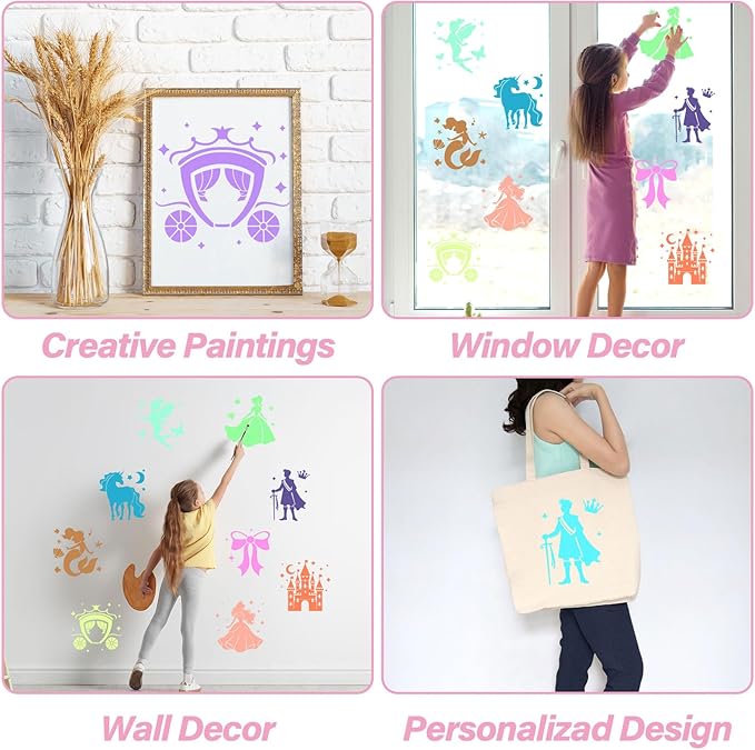 36Pcs Princess Drawing Stencils for Kids 8 Inch Reusable Fairy Sidewalk Chalk Stencil Large Fairytale Castle Stencils Princess Theme Primary Shape Template for Kids Toddlers Drawing Wall Home