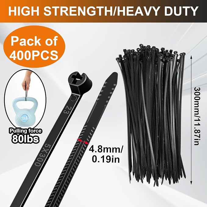 Blulu 400 Pcs 11 Inch Cable Zip Ties with Metal Tooth Stainless Steel Locking Device, 80 Lbs Tensile Strength Black Cable Ties, UV Resistant Wire Wraps Multi Purpose for Industrial Indoor Outdoor Use