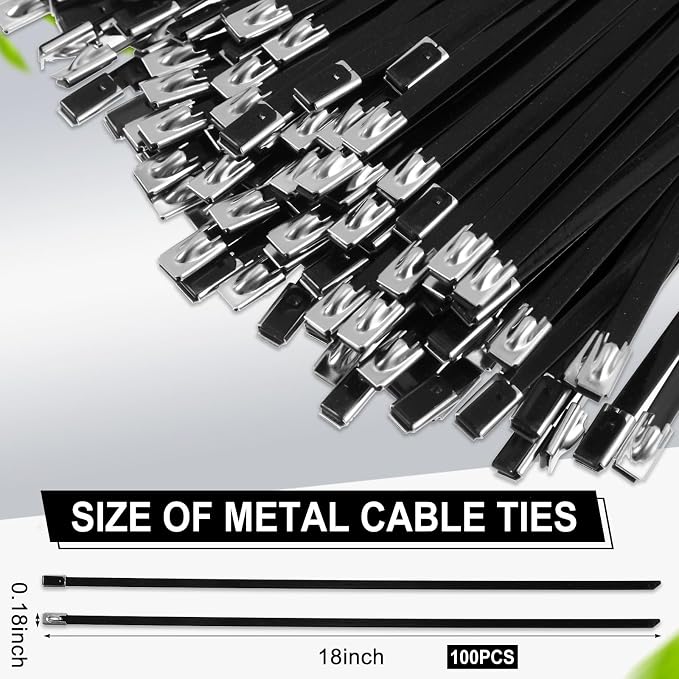 Pelopy 100 Pcs 18 Inch Metal Zip Ties Black 304 Stainless Steel Zip Ties Epoxy Coated Tie Heavy Duty Cable Self Locking Cable Multi Purpose for Machinery Vehicles Exhaust Wrap Outdoor Fence Farms