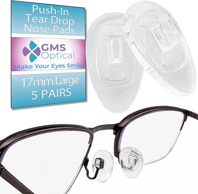 GMS Optical Push in Silicone Nose Pads for Glasses | 17mm Large, 8.2mm Wide Width | Non Slip Nose Grips, Eyeglass Accessories for Glasses & Sunglasses, Provides Comfort & Stability (5 Pairs, Clear)
