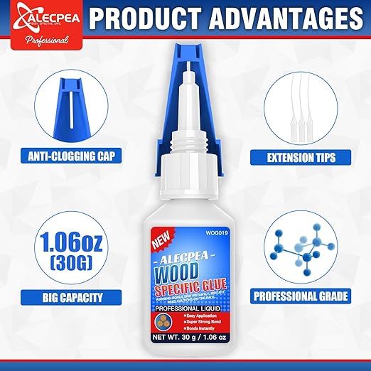 ALECPEA Wood Glue with 3 Precision Applicators - Fast Curing Super Glue for Woodworking, Furniture Repair & Crafts - Strong & Clear, 30g
