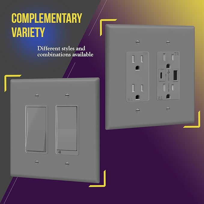 ENERLITES Double Decorator Switch Cover, Two Gang Outlet Wall Plate, Gloss Finish, Oversized 2-Gang 5.50" x 5.50", Unbreakable Polycarbonate Thermoplastic, UL Listed, 8832O-GY, Gray