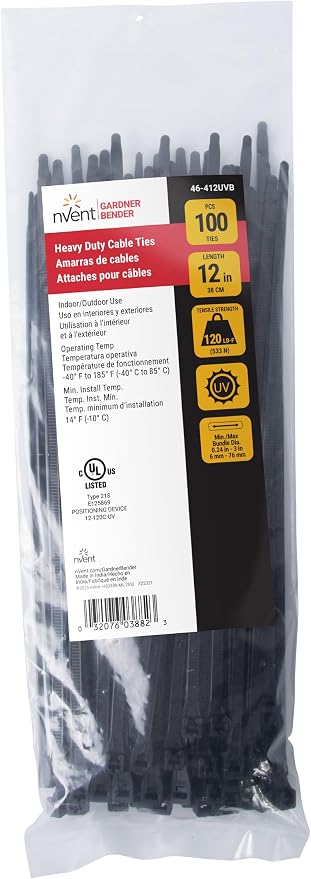 Gardner Bender 46-412UVB Heavy-Duty, DoubleLock, Cable Tie, 12 Inch., Tensile Strength, Wire / Cord Management Industrial and Household Use, Nylon Zip Tie, 100 Pk., UV Resistant Black