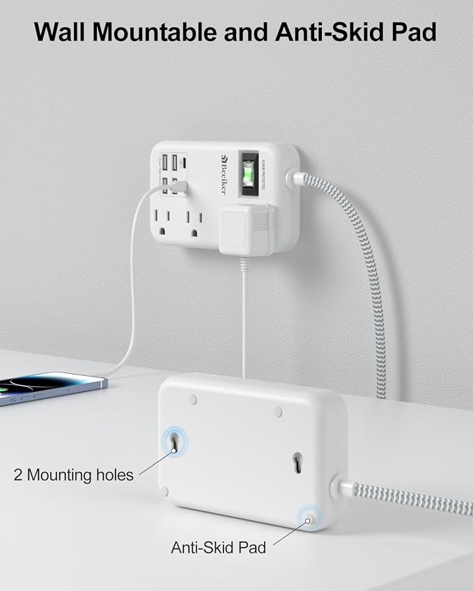 6 USB(2 USB C) Surge Protector Power Strip- 5Ft Travel Power Strip with 4.8A USB Charging Station and 4 Extendable Outlet, 13A Flat Plug Braided Extension Cord with Wall Mount for Travel Office Dorm