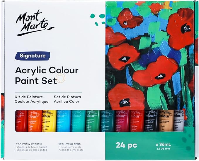 Mont Marte Acrylic Paint Set 24 Colours 36ml 2 PACK, Perfect for Canvas, Wood, Fabric, Leather, Cardboard, Paper, MDF and Crafts