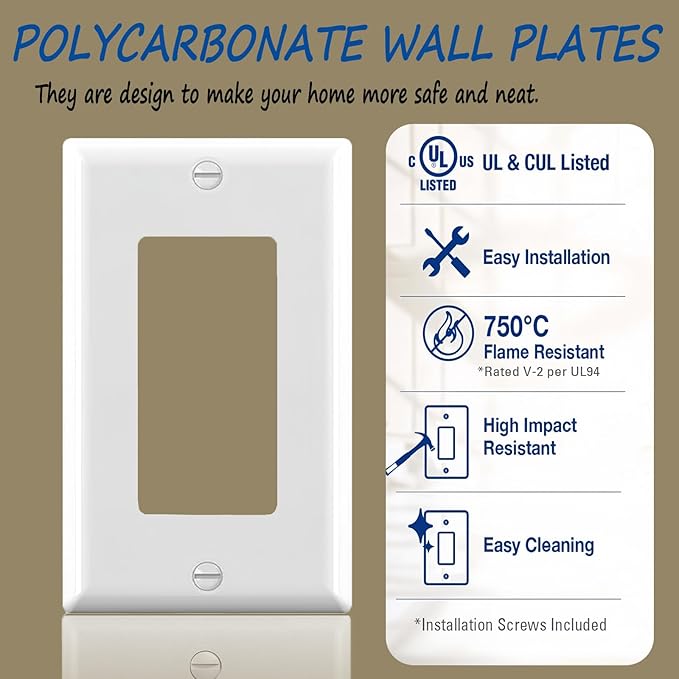 Light Switch GFCI Device Wallplate, Rocker Wall Plate Cover,Light Switch cover,Standard Size 1-Gang 4.50" x 2.76",Smooth Face,Unbreakable Polycarbonate Thermoplastic,UL Listed,2-Pack