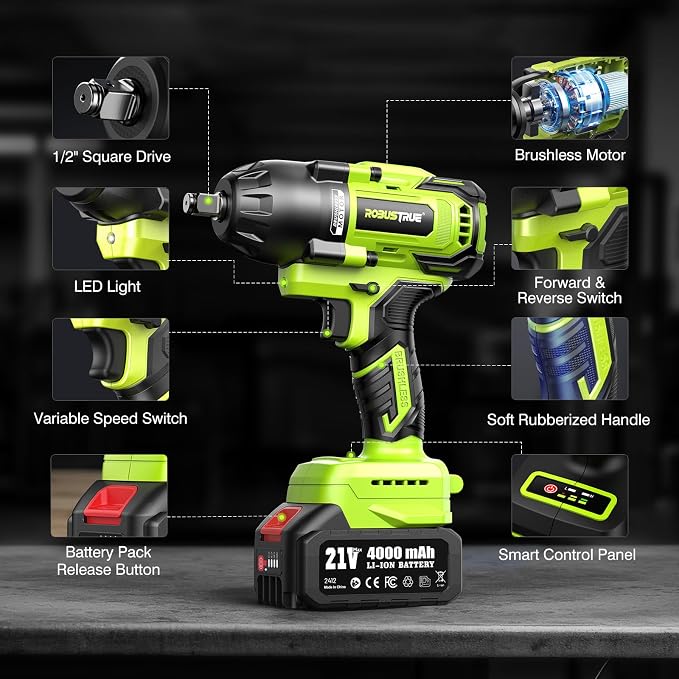 Cordless Impact Wrench, 885Ft-lbs (1200N.m) 1/2" Brushless Impact Gun | 21V High Torque Power Impact Driver, 2x4.0Ah Batteries Electric Impact Motor Variable Speeds for Car/Truck RV/Mower