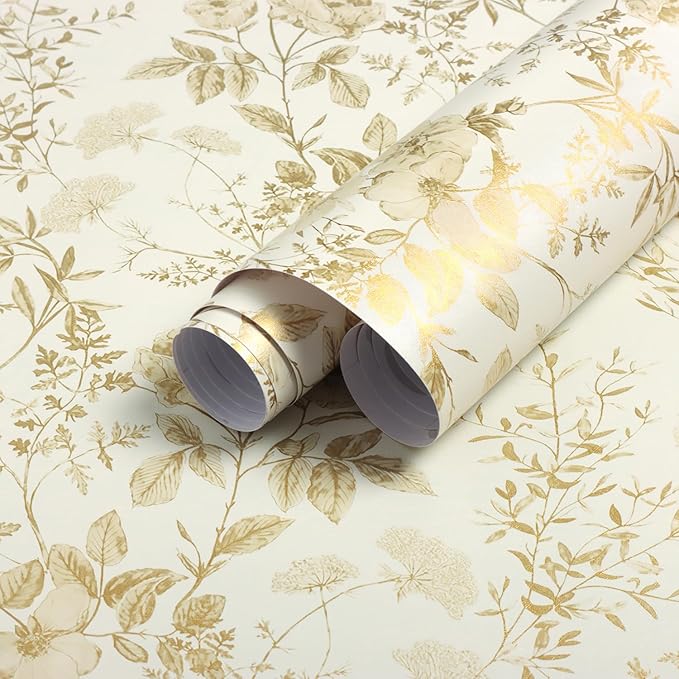 Erfoni 16.9" x197" Yellow Brown Floral Peel and Stick Wallpaper Boho Floral Leaf Contact Paper Flower Self Adhesive Wall Paper DIY Removable Decoration Wallpaper for Livingroom Accent Wall Covering