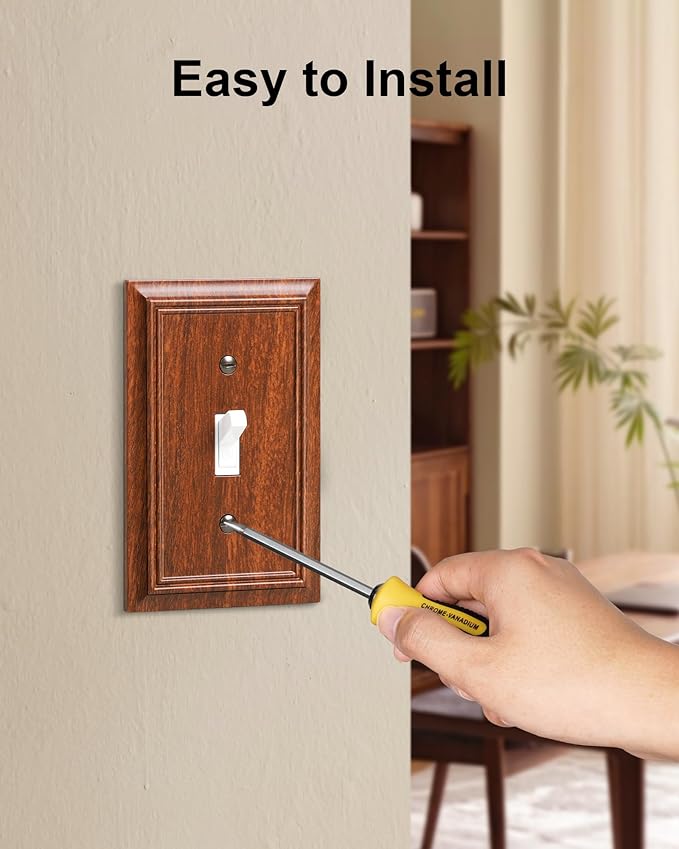 4-Pack Single Toggle Light Switch Cover Plate, Durable Natural Bamboo Fiber Decorative Switch Plate Covers, Wood Grain 1 Gang Wall Plate, Corrosion Resistant