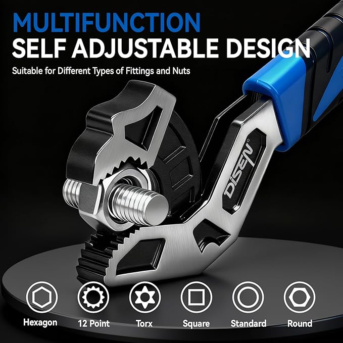 DISEN 3PCS Self Adjusting Pipe Wrench 6”, 8”, 10” | Multifunctional Self Locking Wrench Set, Plumbing Tools for Pipe Fittings and Nuts, Chromium Vanadium Steel