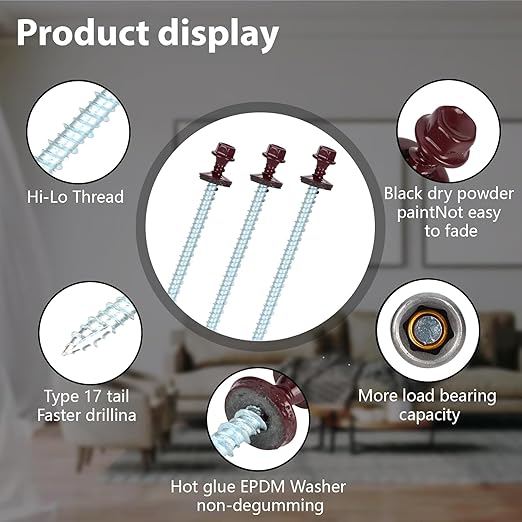 Metal Roofing Screws 10 x 3 inch, Brown Hex Head Sheet Metal Roof Screw with EPDM Washer for Corrugated Roofing (250Pcs)