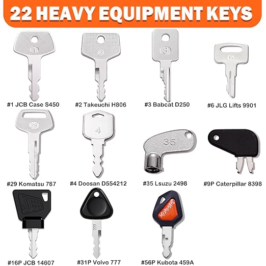 Multi Type Heavy Equipment Master Keys, 22 Contractor Machinery Ignition Excavator Keys Fit CAT 5P8500 JCB 14607 Kubota Takeuchi Komatsu 787 Volvo Yanmar John Deere Hyster Hitachi H806