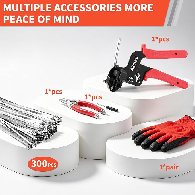 Metal Zip Ties Gun Kit, Stainless Steel Tie Wrap Gun with 300 Metal Cable Ties & Industrial Scissors, Self-Locking Metal Wire Ties for Chainlink Fence Electrical Cable Fastening and Cutting