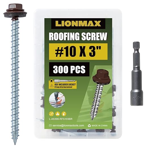 LIONMAX Metal Roofing Screws #10 × 3 Inch, 300-PCS, Brown Painted Hex Head Sheet Metal Roof Screws, Rubber Washer, Sharp Point, Metal to Wood Siding Screws, Hex Socket Included