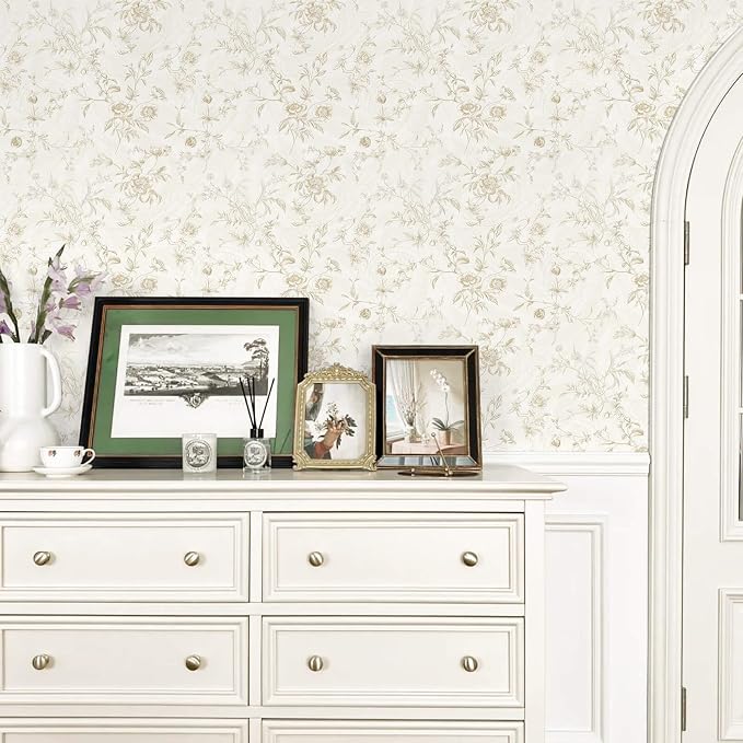 Ismoon Peel and Stick Wallpaper Floral Vintage Stick on Wall Paper Beige French Textured Contact Paper for Cabinet Removable Self Adhesive Wallpaper Vinyl Roll Shelf Deco, 17.3x118in