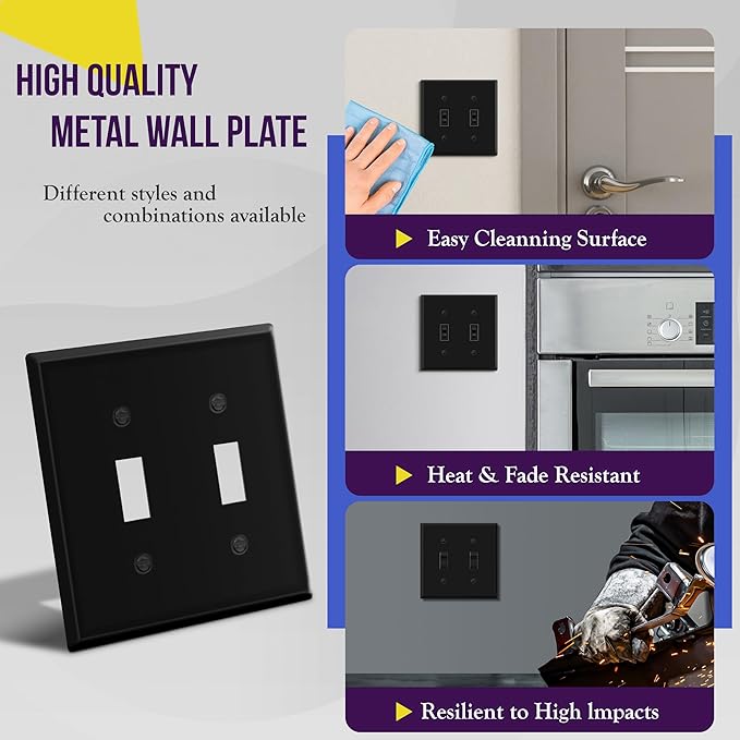 ENERLITES Double Toggle Light Switch Metal Cover Plate, Wall Plate, Corrosion Resistant, Standard Size 2-Gang 4.50" x 4.57", Powder Coated Stamped Steel, 7712-BM, Black Matte (Pack of 1)