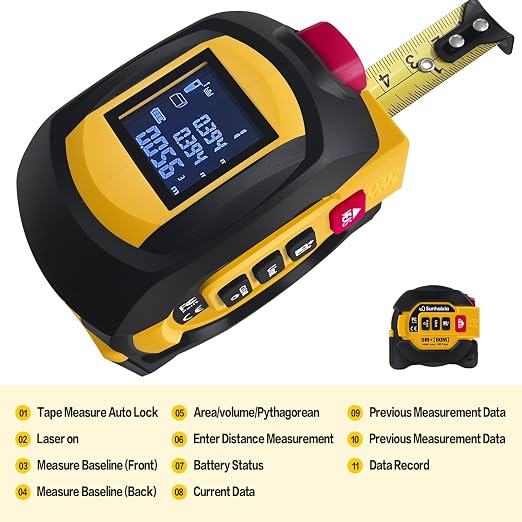 Laser Tape Measure 3 in 1 with Laser Level Crosshairs |196ft/60m Laser Distance+16ft/5m AutoLock Tape |Backlit LCD Display (Ft/Inch/M/mm) |for DIY,Construction, Interior Design (Yellow)