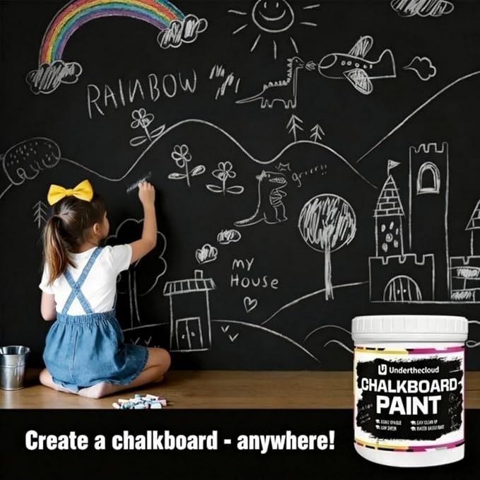 Chalkboard Blackboard Paint Chalk Board Paint for Wood, Metal, Glass, Wall, Plaster Boards Sign, Frame, Interior/Exterior, All-in-One Primer & Top Coat, Black Matte Finish, Acrylic, Non-Toxic 17oz