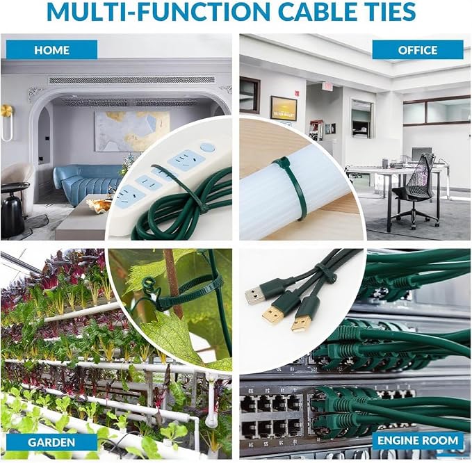 XINGO Garden Green Zip Ties Assorted Size 1500 Pack, 4+6+8+10+12 Inch, Self-Locking UV Resistant Nylon Cable Ties Perfect for Home, Office, Garden and Workshop