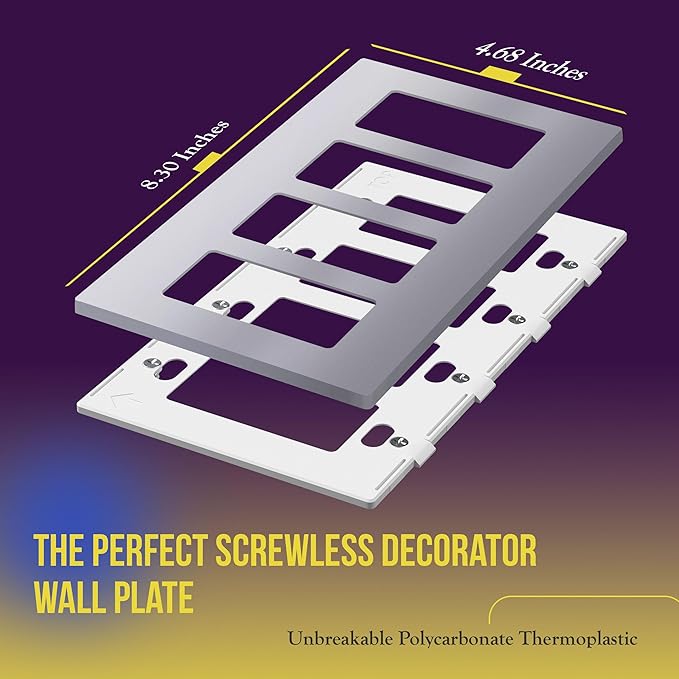ENERLITES Elite Series Screwless Decorator Wall Plate Child Safe Outlet Cover, Gloss Finish, Size 4-Gang 4.68" H x 8.30" L, Unbreakable Polycarbonate Thermoplastic, SI8834-SV, Silver