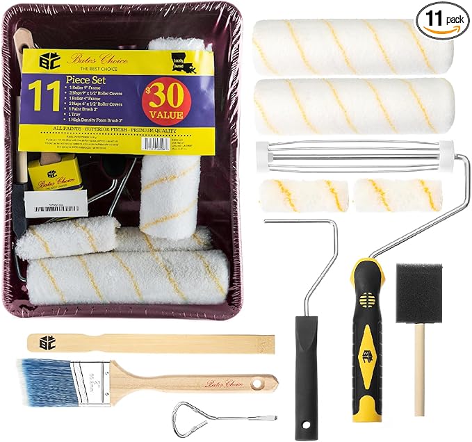 Bates Choice Paint Tray Set, 11 pcs, Paint Roller Kit, 9" & 4" Rollers, Small Paint Roller, Paint Roller Tray, 2" Angle Paintbrush, Foam Brush, Red Paint Tray