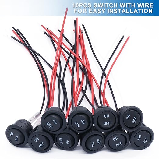 Twidec/10Pcs 12V Round Rocker Switch ON Off AC 6A/250V 10A/125V SPST 2 Pin 2 Position 12 Volt DC Circle Toggle Switch for Car Boat Automotive RV Black with Wires KCD1-5-101-ON-OFF